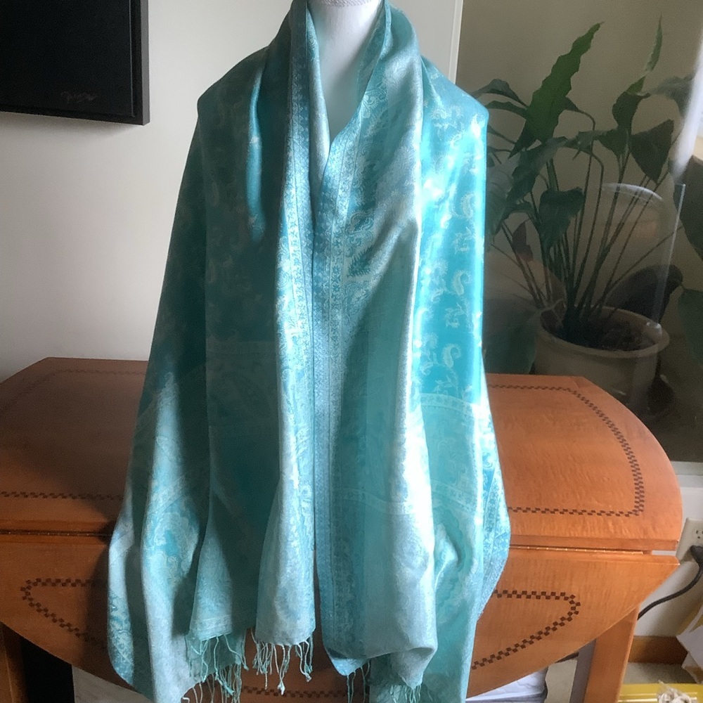 Silk Aqua Blue Paisley Summer Wrap with Fringe